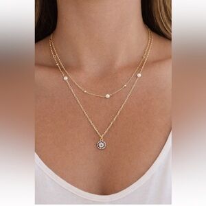 Gold Plated Layer Necklace Pearl Gold Bead Station Evil Eye, Boho Minimalist